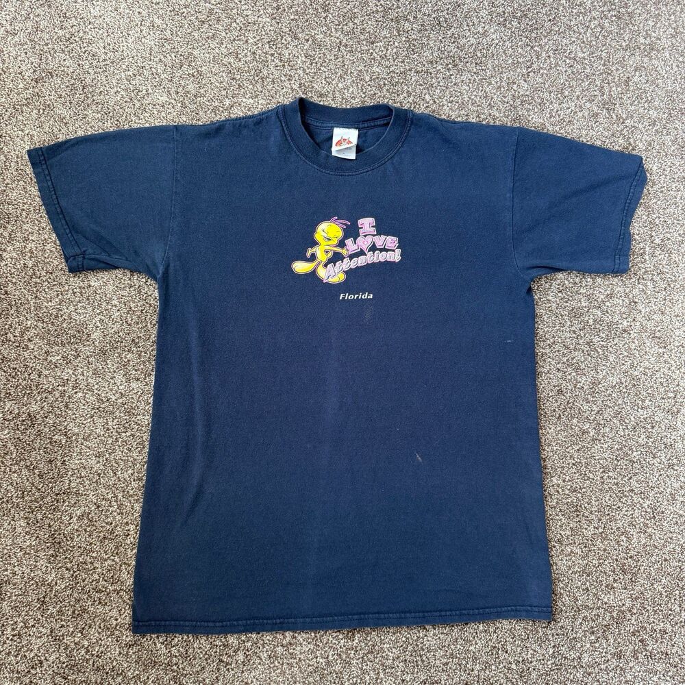 Vintage Y2K Tweety Bird I Love Attention Shirt Navy Blue Florida Graphic Tee